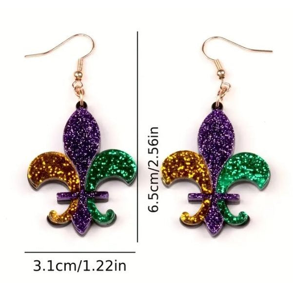 Mardi Gras Fleur-De-Lis Glitter Earrings NEW