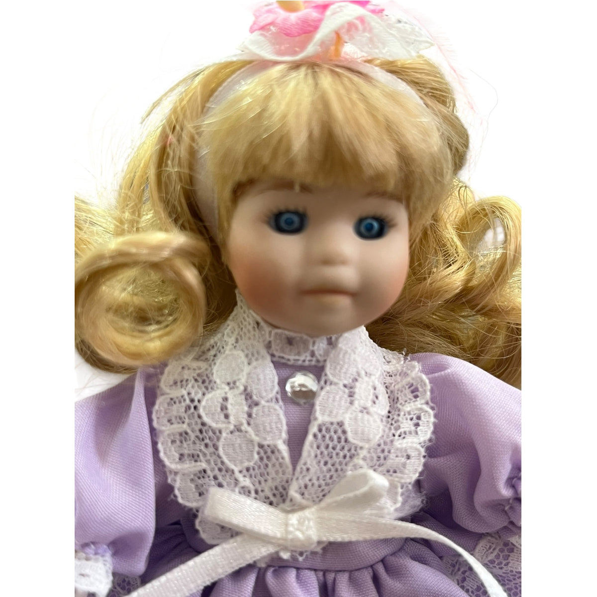 Vintage Miniature Porcelain Doll With Blonde Hair & Purple Lace Dress