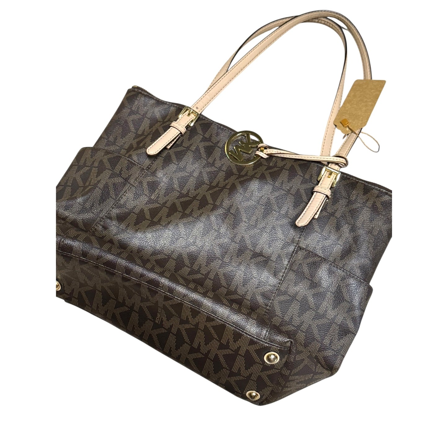 Michael Kors Signature Brown Tote Bag With Beige Handles & Gold Hardware