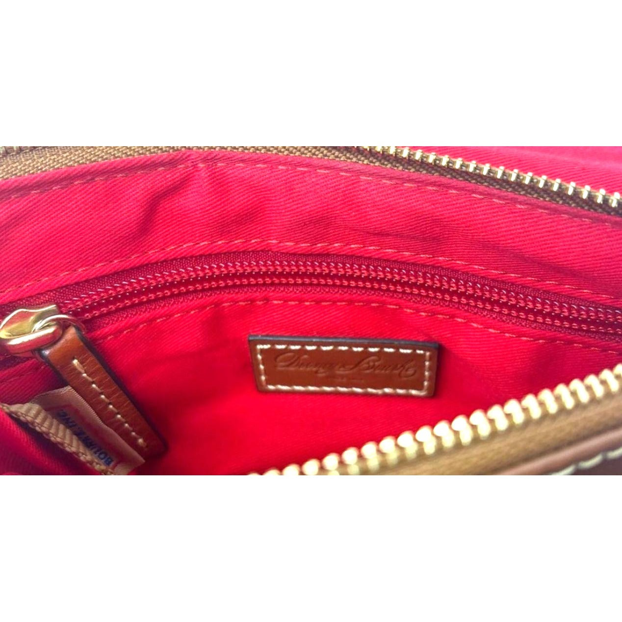 Dooney & Bourke Womens Brown Leather Crossbody Bag With Red Interior & Multiple Compartments