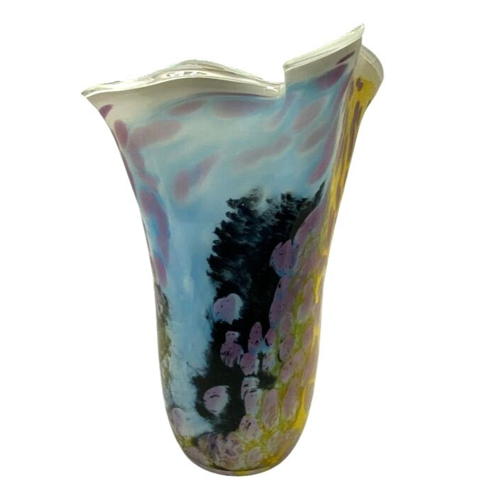Hand-Blown Art Glass Vase With Abstract Floral Design