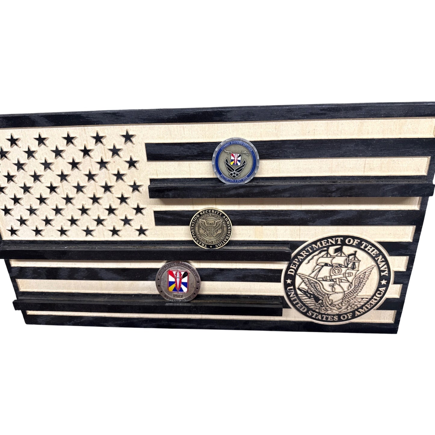 Handcrafted Wooden American Flag Navy Challenge Coin Display
