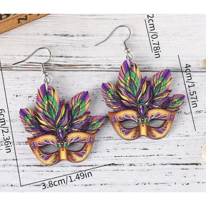 Carnival Feather Mask Earrings - Mardi Gras Themed Lightweight NEW