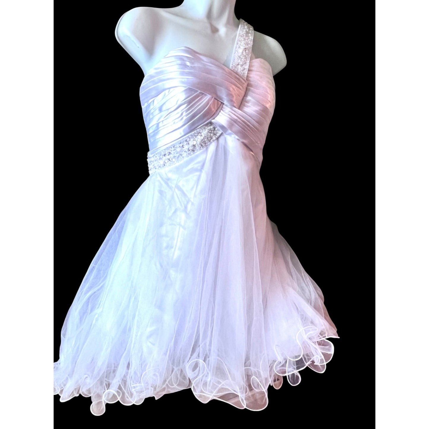 One-Shoulder White Satin & Tulle Dress With Beaded Strap And Bodice SZ S