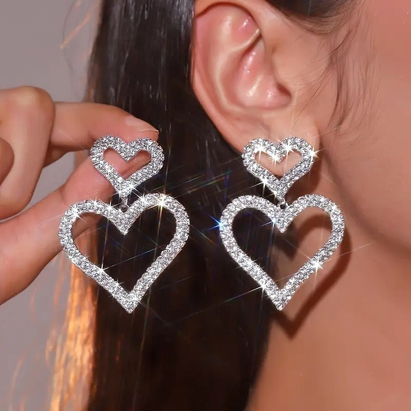 Double Open Heart Statement Earrings With Rhinestone Detailing