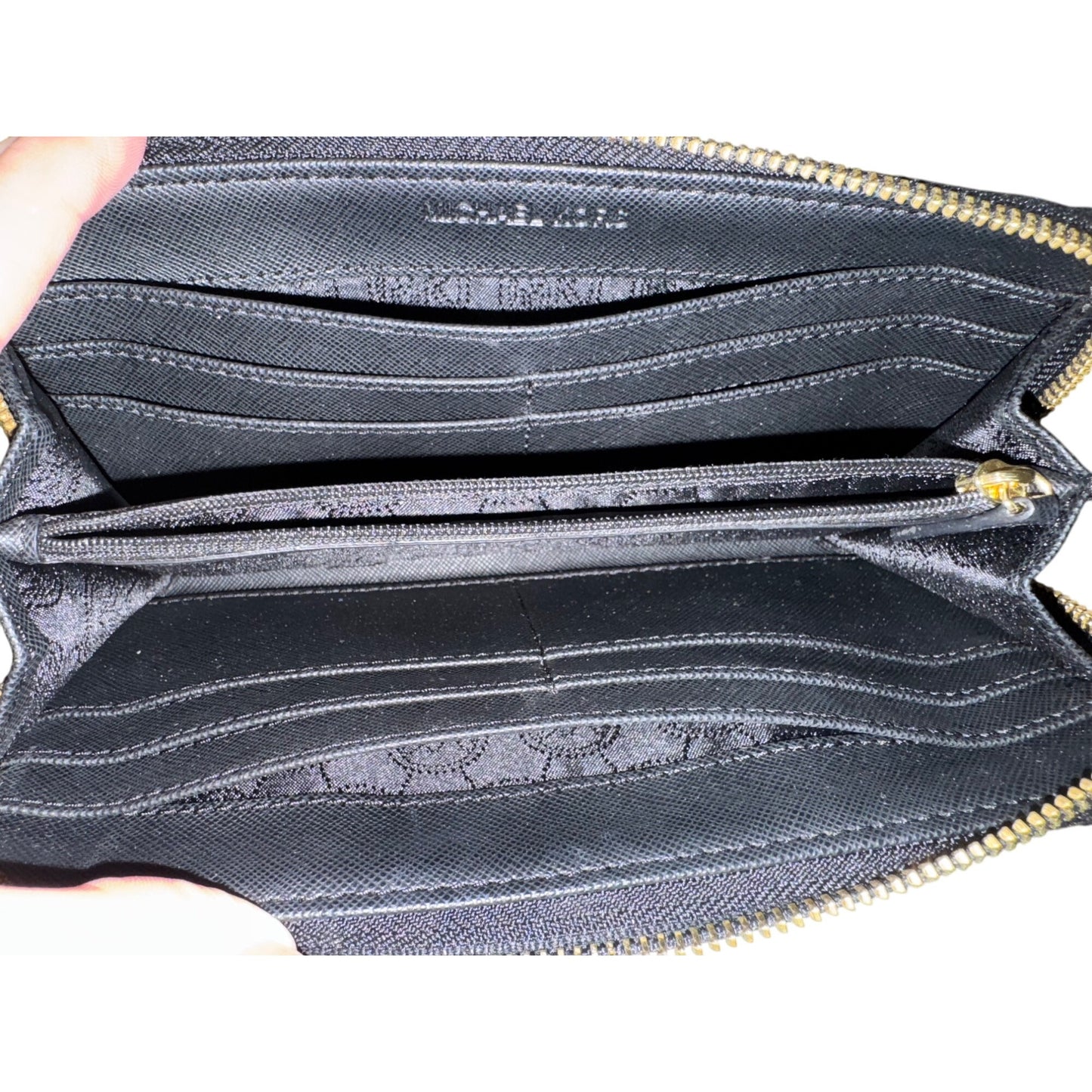 Michael Kors Jet Set Zip-Around Wallet Black Logo Pattern Gold Hardware
