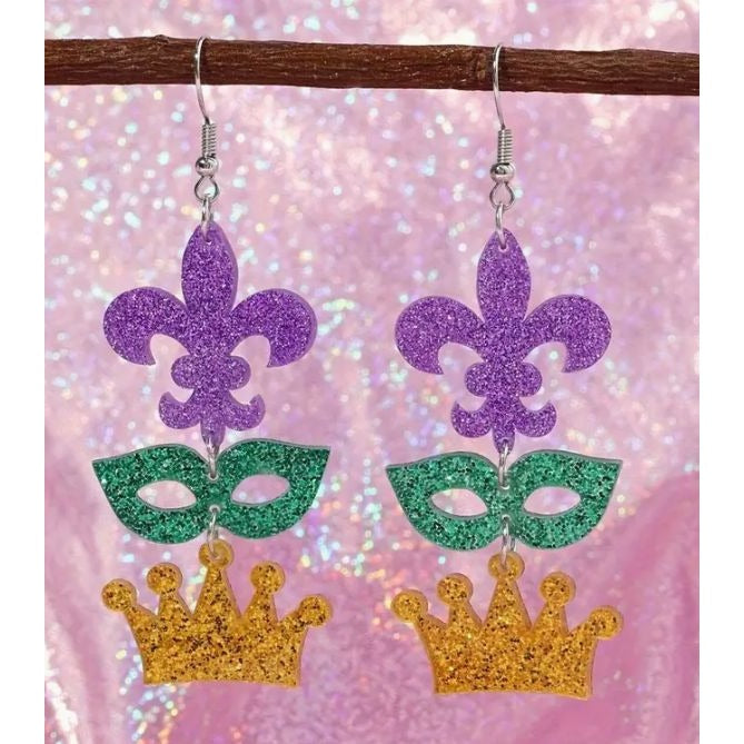 Mardi Gras Themed Glitter Earrings With Fleur-De-Lis Mask & Crown Charms NEW