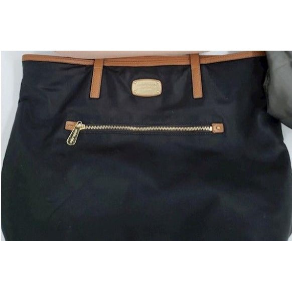 Michael Kors Black & Tan Nylon Tote Bag With Leather Straps & Front Zipper Pocket
