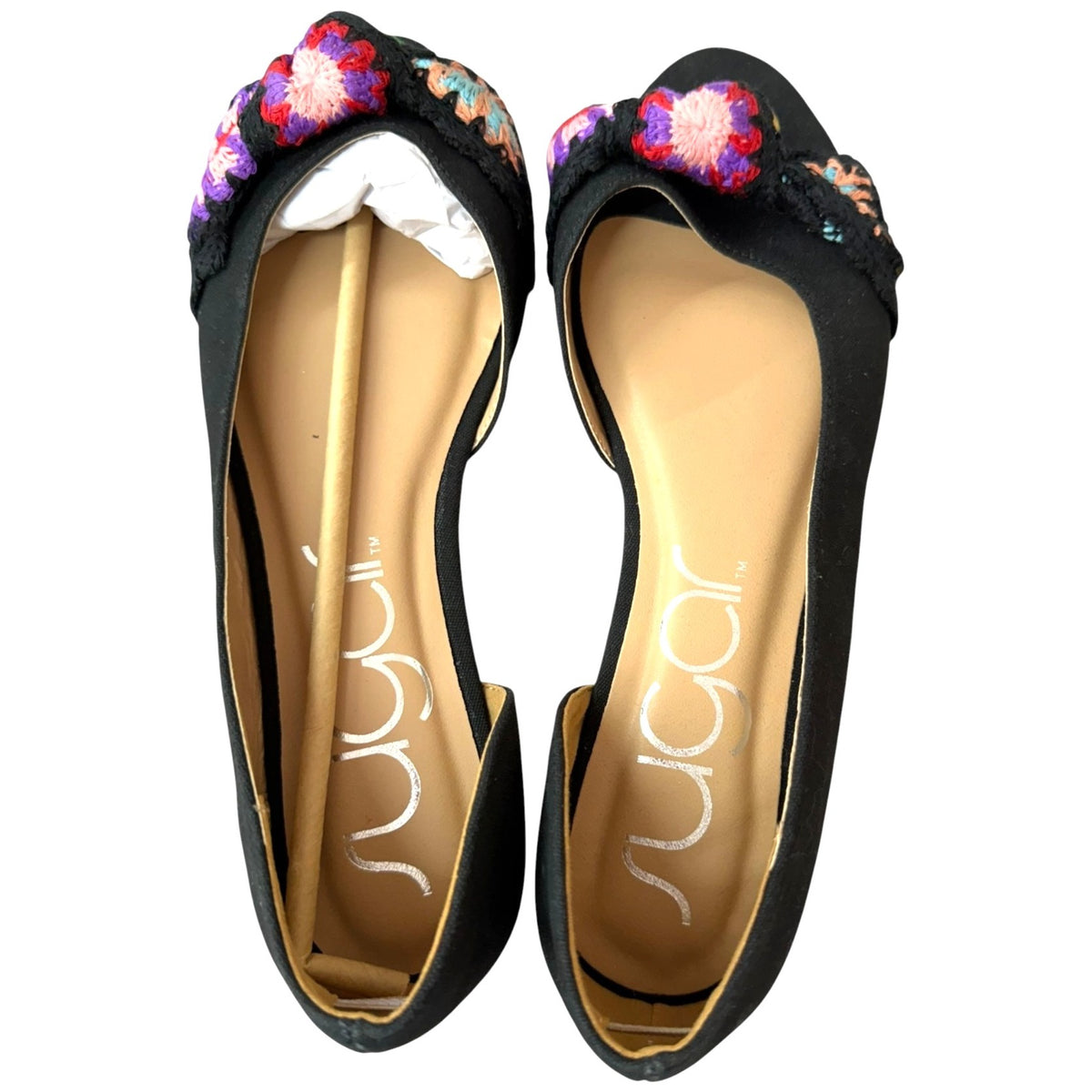 Sugar Women's Black Flats With Multicolor Crochet Bow Detail Size 9M