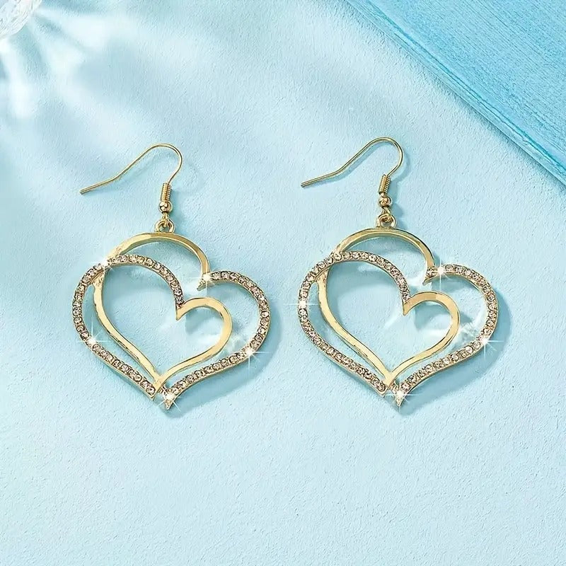 Double Heart Gold Tone Costume Dangle Earrings With Rhinestones