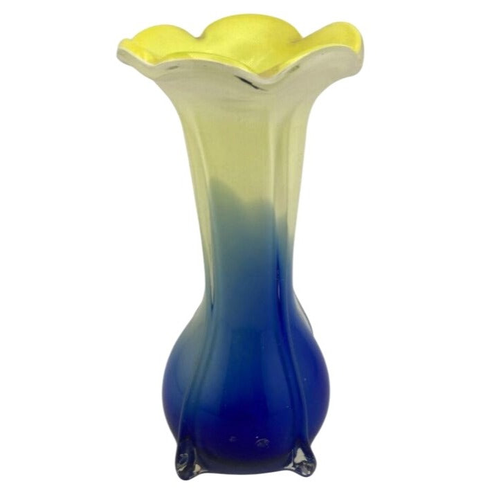 Murano-Style Yellow & Blue Gradient Art Glass Vase With Flared Ruffled Rim