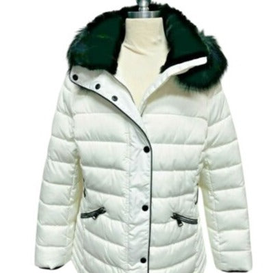 Kenneth Cole Womens White Quilted Puffer Jacket With Faux Fur Hood XS