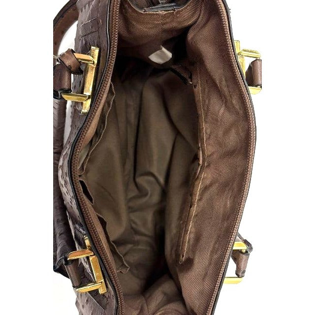 London Fog Ostrich-Embossed Brown Satchel Bag With Adjustable Strap & Dual Handles