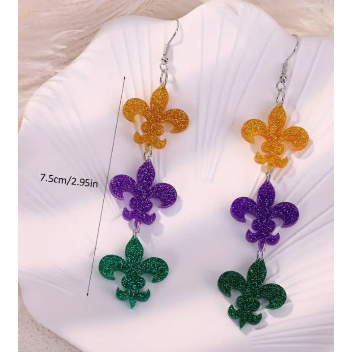 Mardi Gras Fleur-De-Lis Dangle Earrings NEW