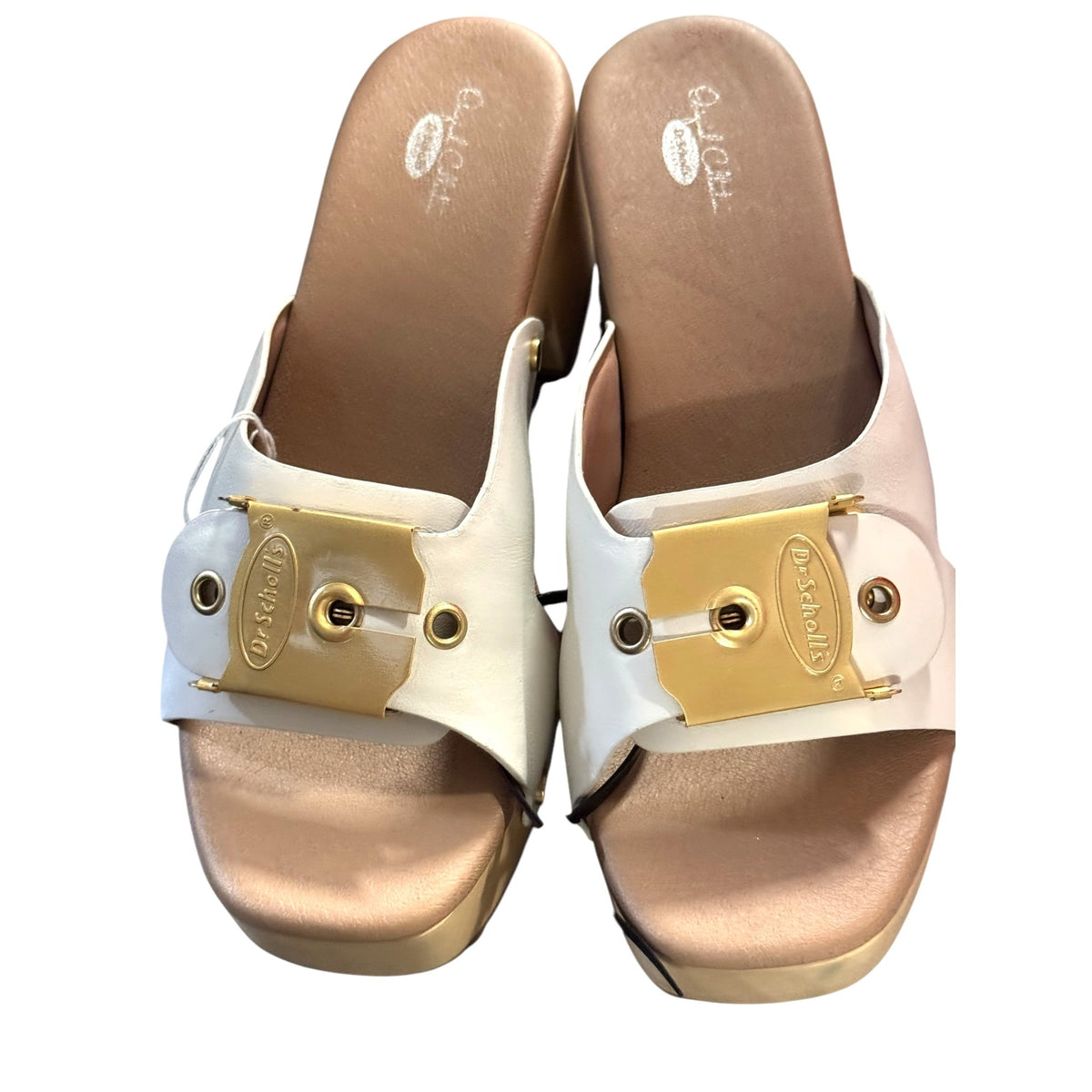 Dr. Scholls Women's Size 7 Leather Sandals With Gold Buckle & Platform Sole