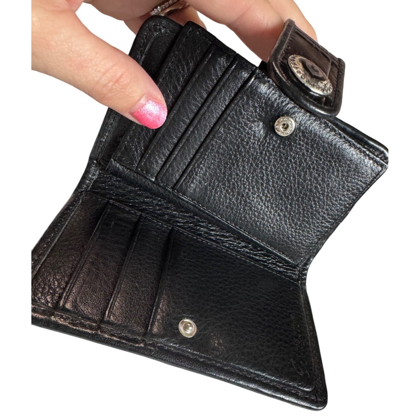 Brighton Black Leather & Fabric Small Wallet With Snap Closure & Heart Accents