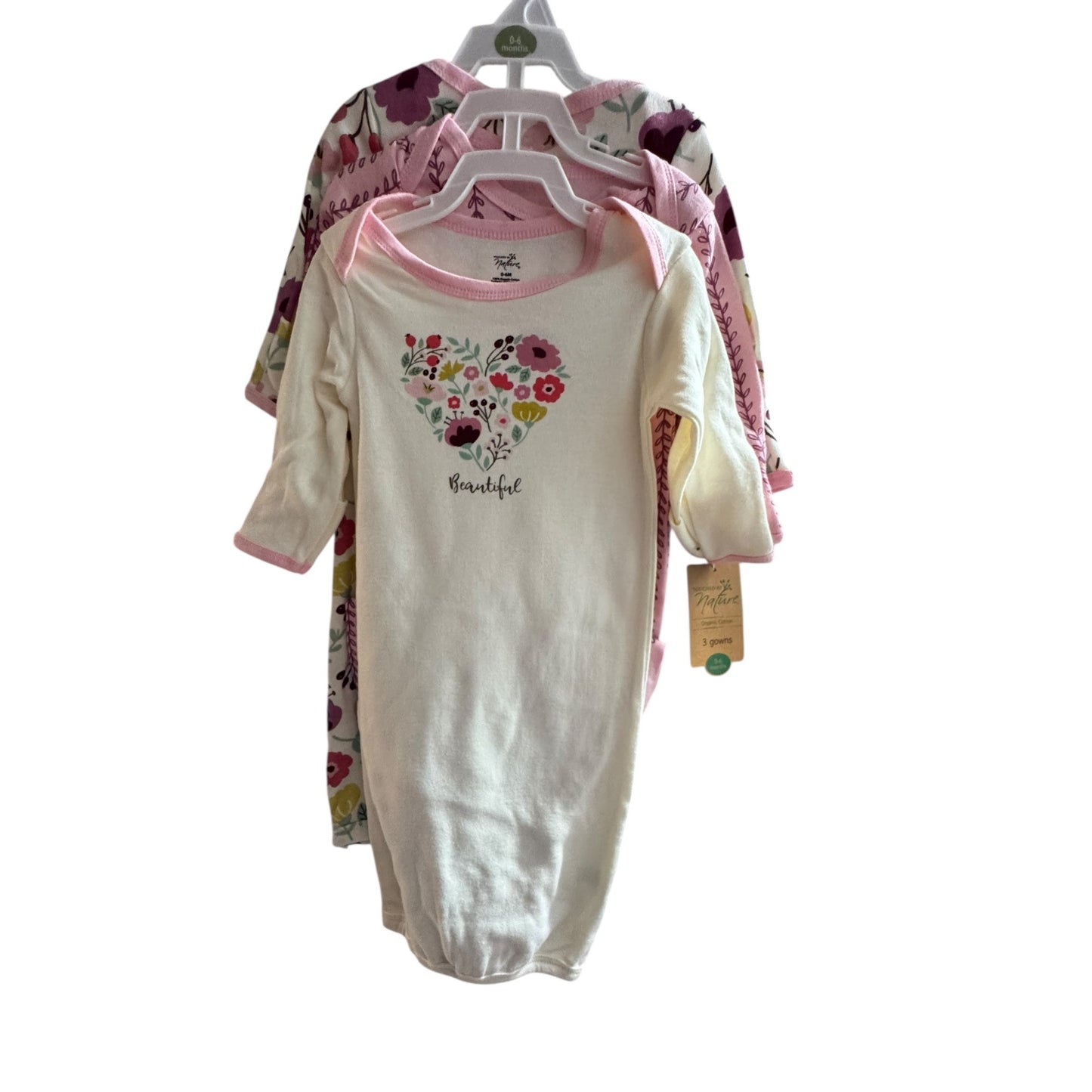 Touched By Nature Organic Cotton Baby Gowns 0-6 Months Set Of 3 Floral Print