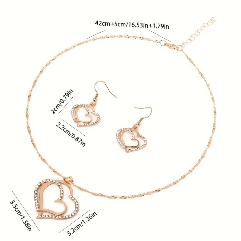 Gold Heart Pendant Necklace & Earrings Set With Rhinestone Accents