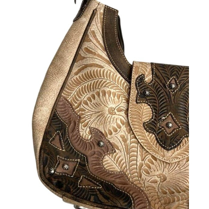 American West Beige & Brown Tooled Leather Shoulder Bag With Floral Pattern & Metal Accents