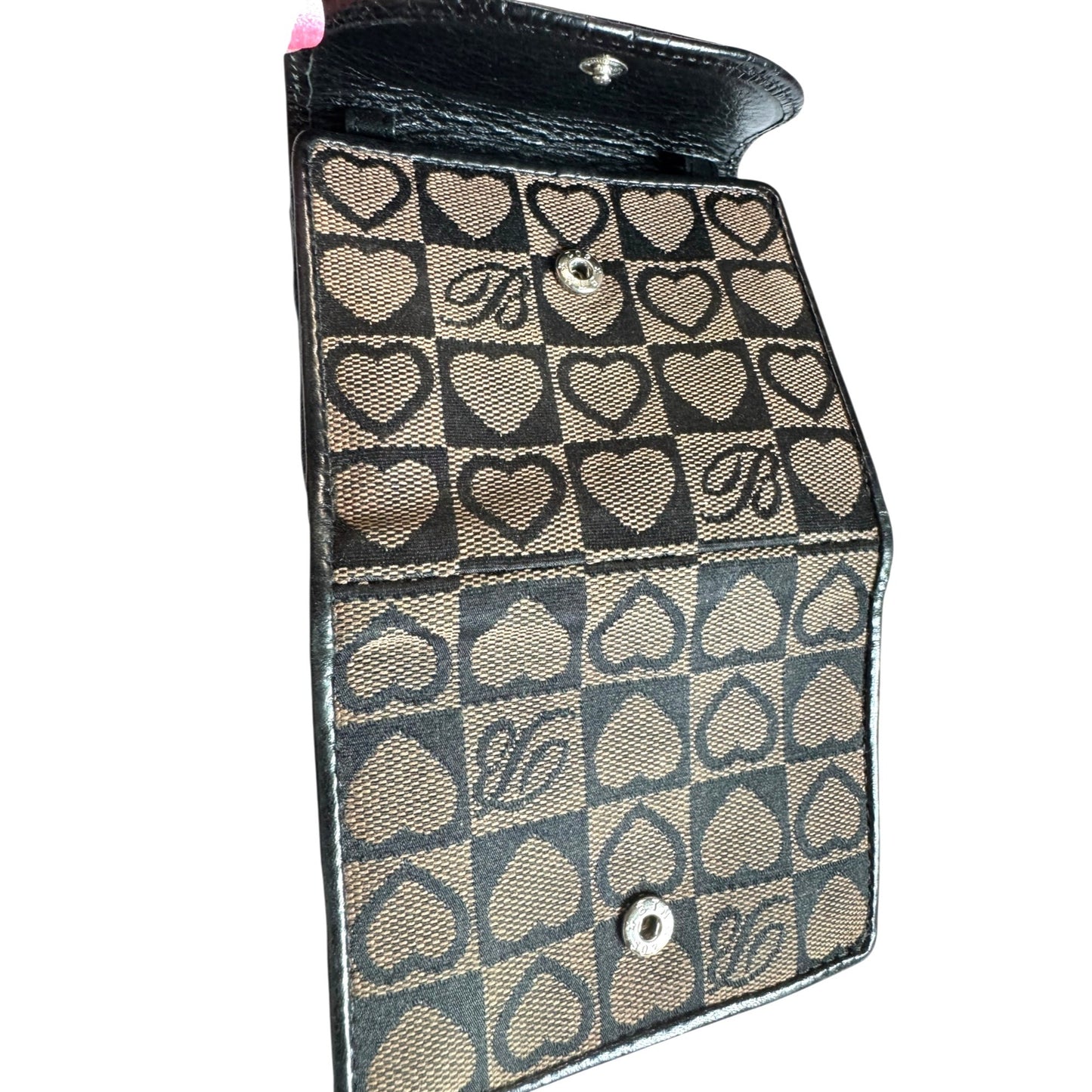 Vintage Black & Brown Dooney & Bourke Leather & Canvas Heart Print Bifold Wallet With ID Window & Snap Closure