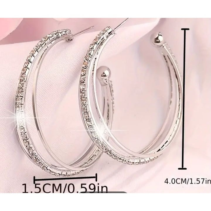 Elegant Silver Tone Rhinestone Hoop Earrings