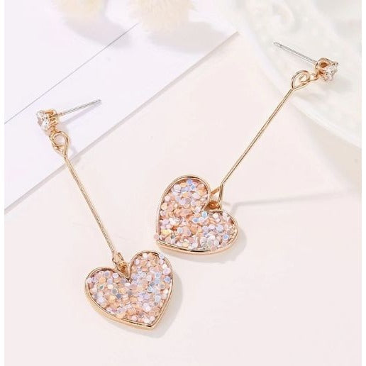 Gold Toned Heart Drop Earrings With Rhinestone Details