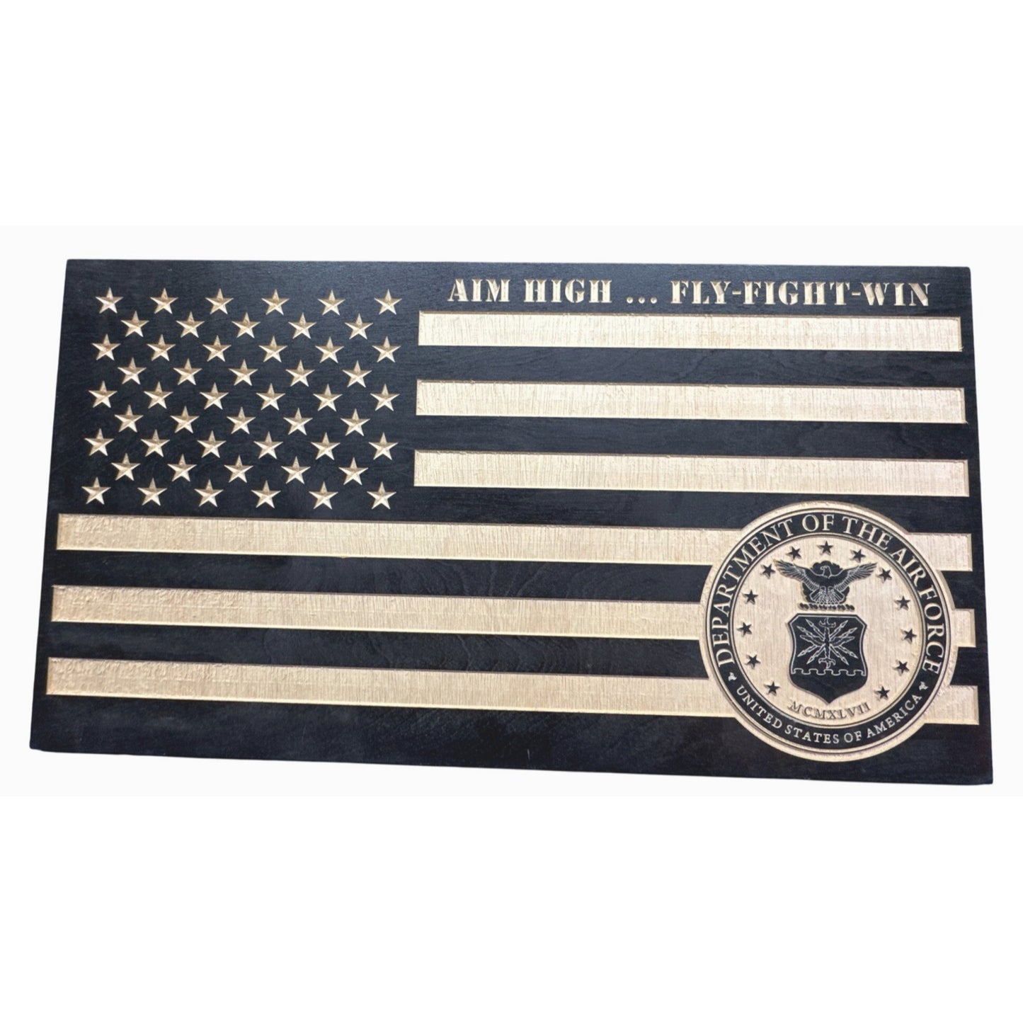 U.S. Air Force Engraved Wooden Flag Plaque With "Aim High...Fly-Fight-Win" Design