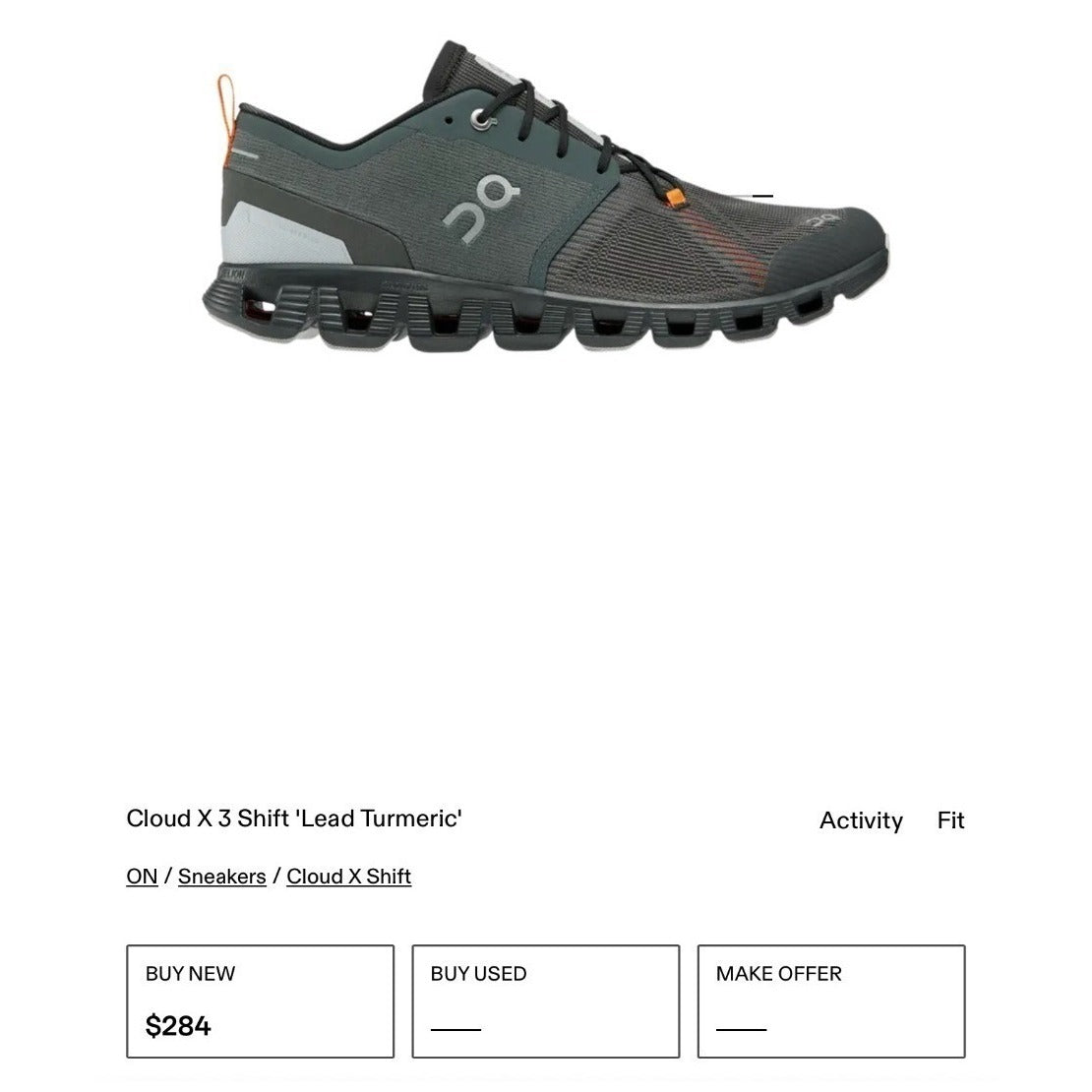 On Cloud X 3 Shift " Lead Tumeric" Men's Running Shoes Gray Size 8