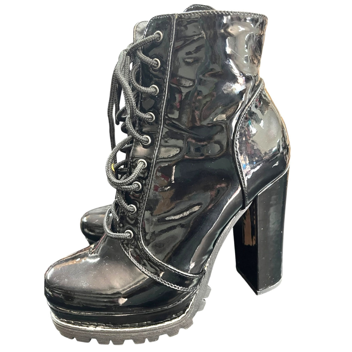 Liliana Black Patent Platform Lace-Up Block Heel Boots Sz 8