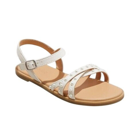 White Pearl Cassie Ankle Strap Sandals Girls Summer Flat Shoes Size 2 NWOT