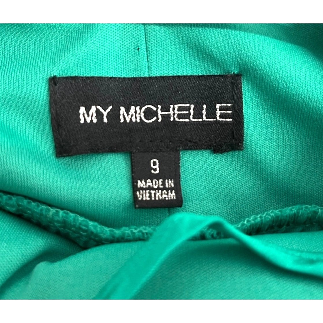 My Michelle Green Satin Strappy Formal Gown With Side Slit Size 9