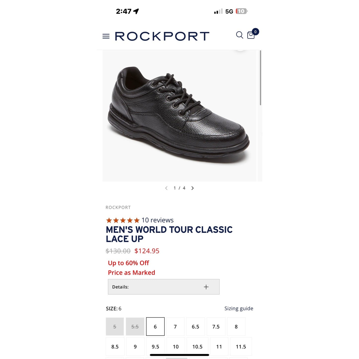 Rockport Mens World Tour Classic Black Leather Lace-Up Shoes Size 10.5 NWOB