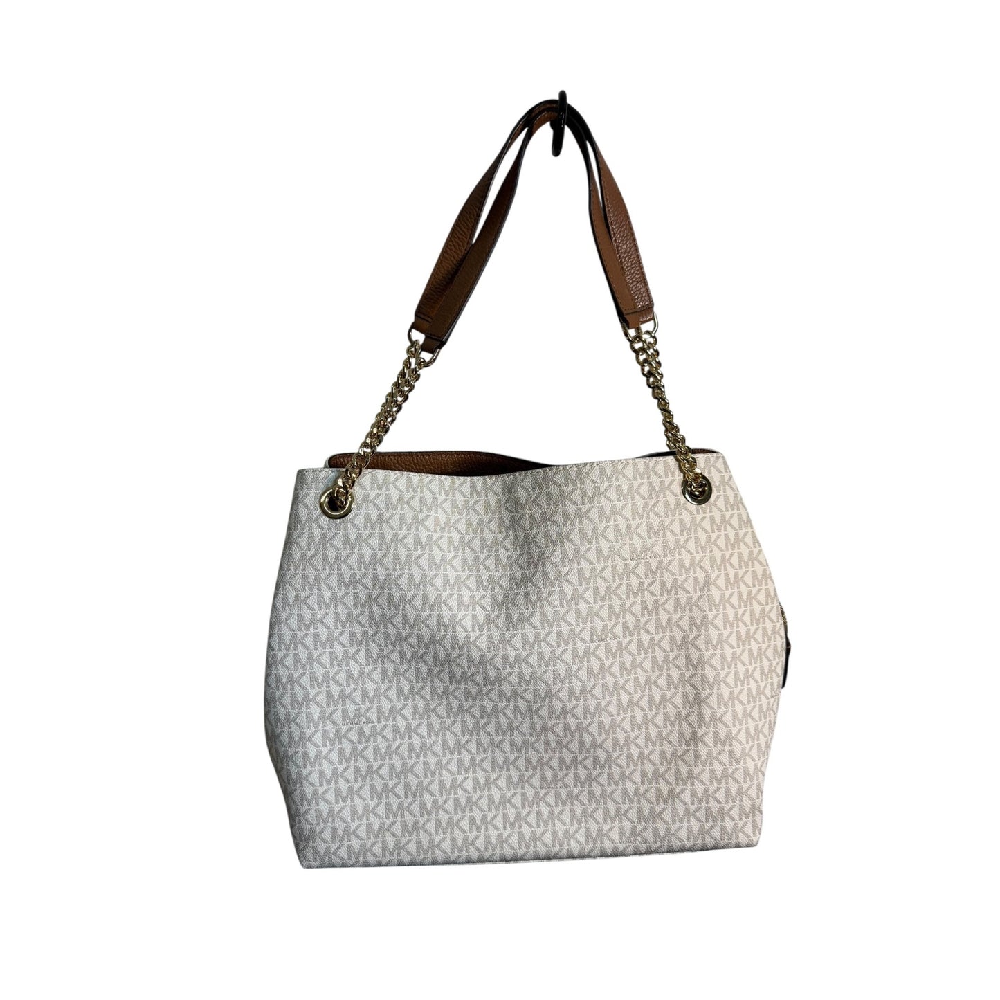 Michael Kors White Monogram Canvas Chain Tote Bag With Gold Accents