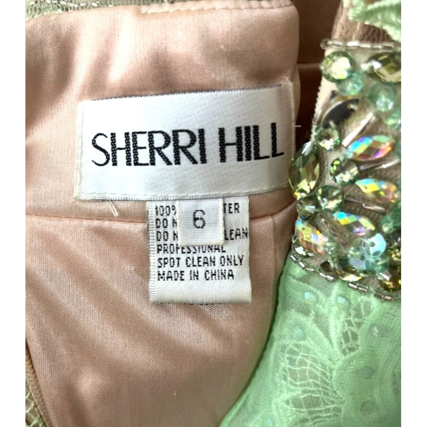 Sherri Hill Mint Green Lace & Chiffon High-Neck Gown With Beaded Waist And Sheer Back Size 6