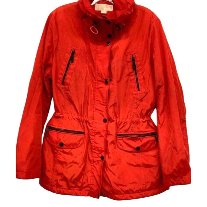 Michael Michael Kors Quilted Lined Orange Jacket With Multiple Zippered Pockets Adjustable Waist & Snap Buttons Size L