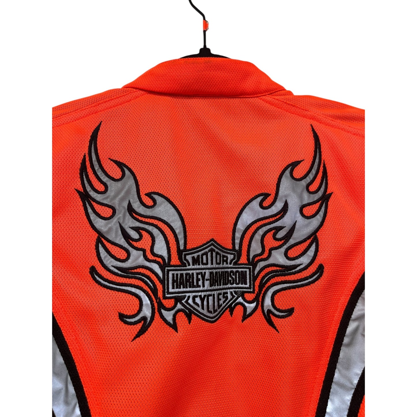 Harley-Davidson SZ L Women's Orange & Black Reflective Riding Jacket Embroidered Logo Adjustable Fit Breathable Mesh