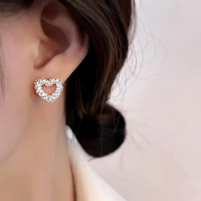 Heart-Shaped Silver Toned Crystal Stud Earrings For Women Elegant & Sparkling Jewelry