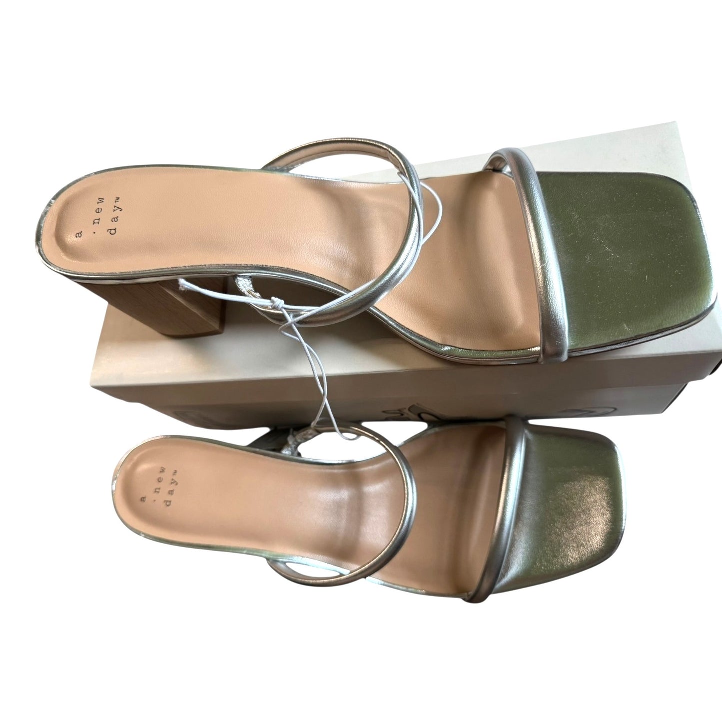 A New Day Silver Heeled Sandals Block Heel Square Toe Strappy Size 12 Womens Shoes