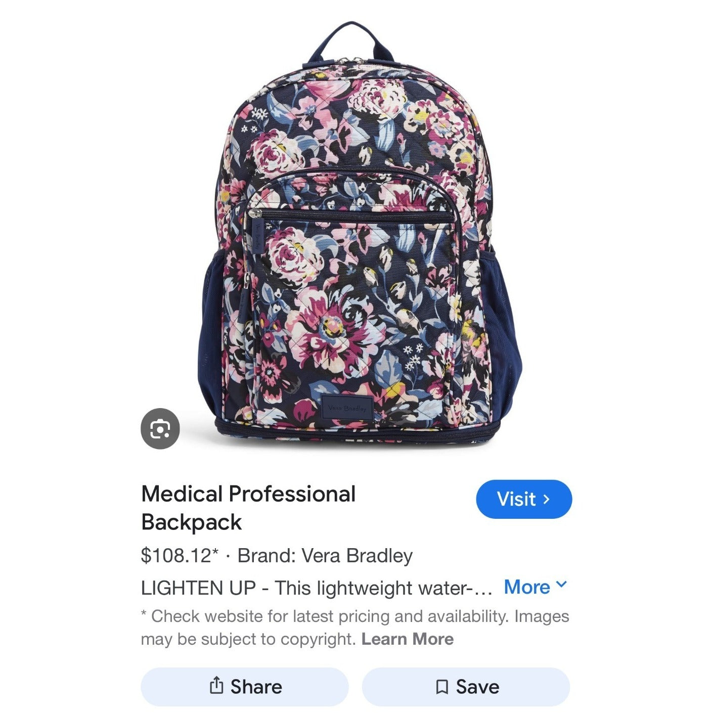 Vera Bradley Floral XL Backpack Navy & Pink With Multiple Compartments