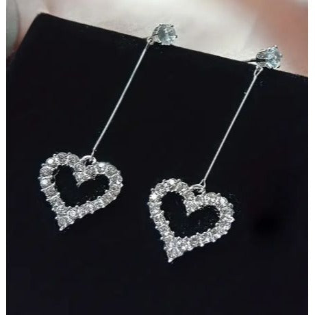 Silver-Tone Rhinestone Heart Dangling Earrings With Stud Design