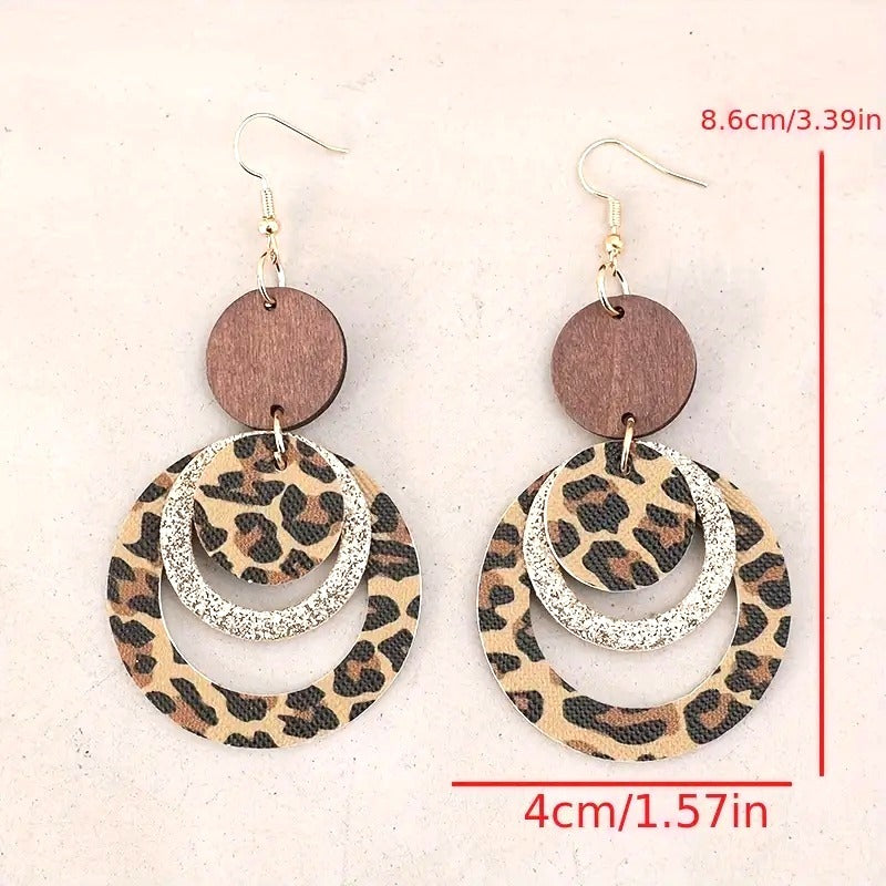 Bohemian Leopard Print Dangle Earrings With Wooden & Glitter Accents