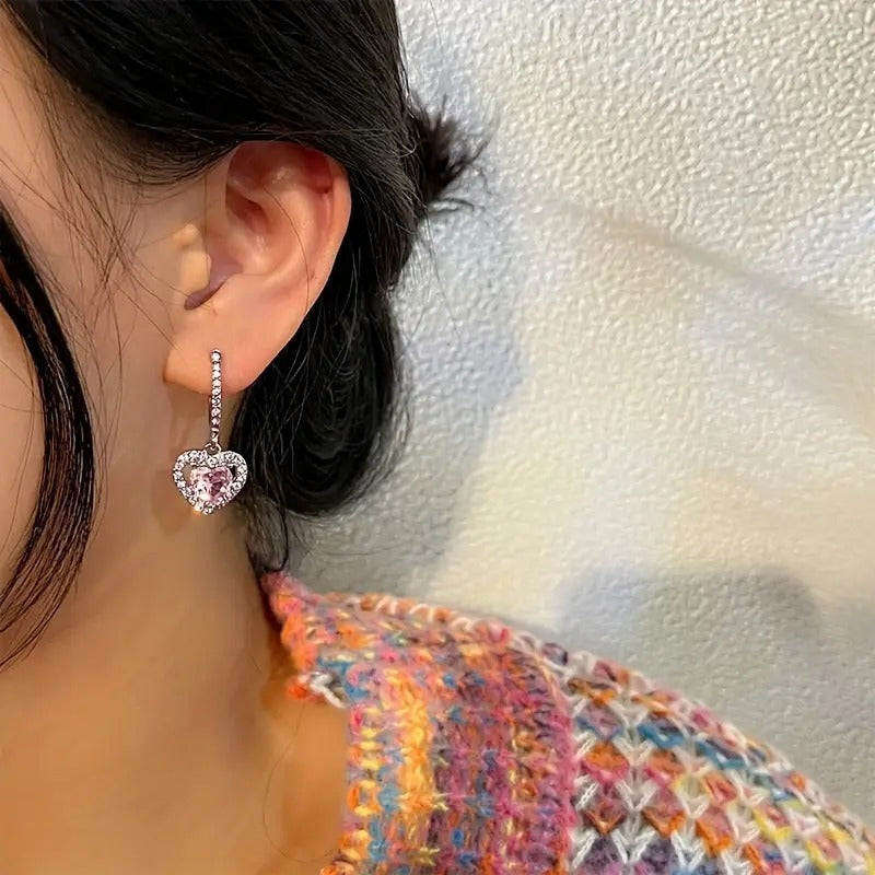 Heart-Shaped Pink Gemstone Drop Earrings With Pave-Set CZ & Silver Tone