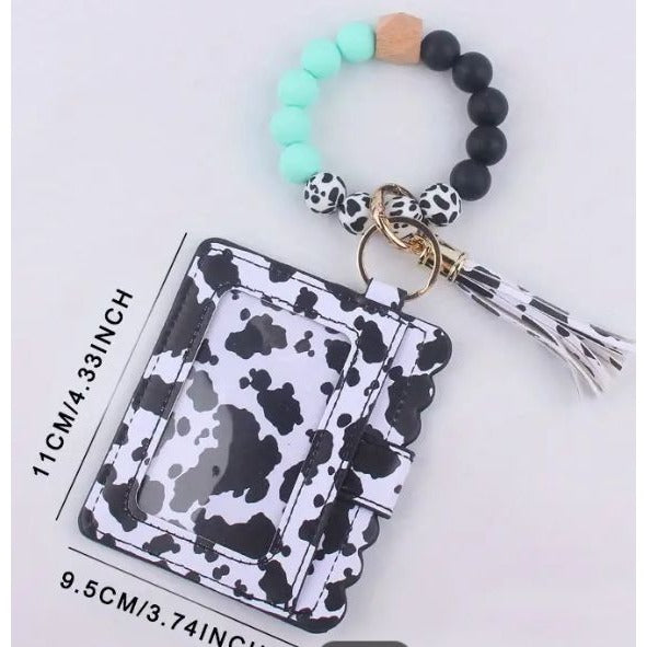 Cow Print ID & Card Holder With Gray Accent Beads Wallet/Wristlet/Keychain NEW