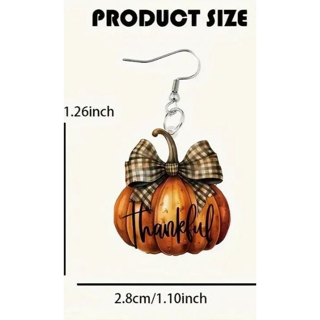 Thankful Thanksgiving Fall Pumpkin Earrings With Plaid Bow NEW