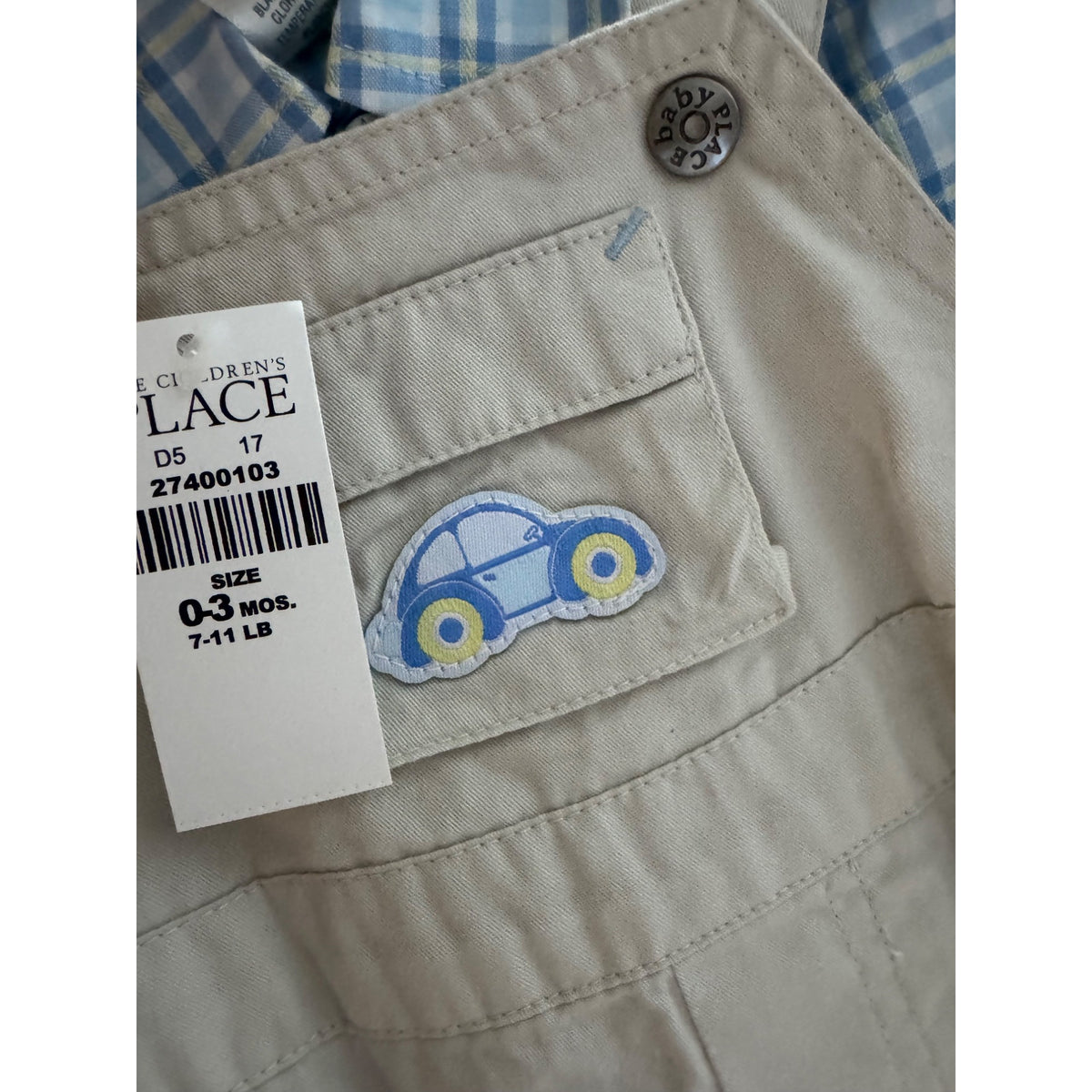 The Childrens Place Baby Boy Overalls Set 0-3M Beige & Blue Plaid 100% Cotton Outfit With Car Embroidery