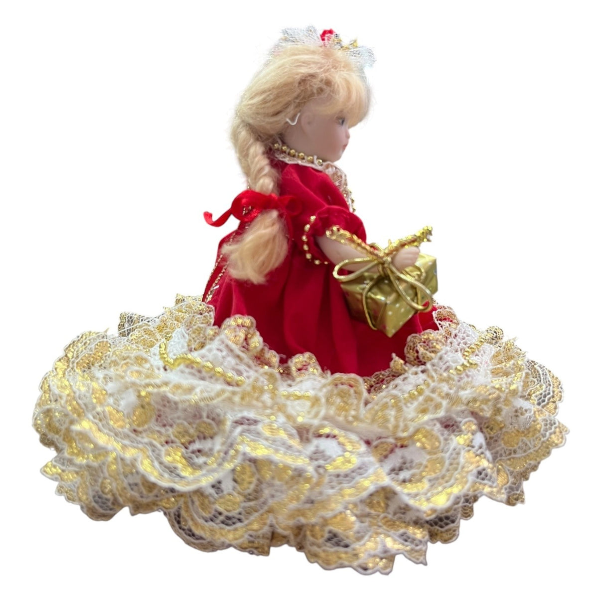 Vintage Porcelain Doll In Red & Gold Lace Dress