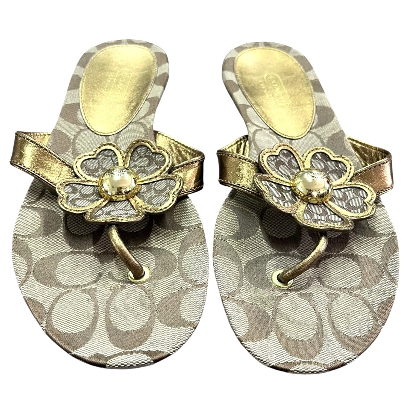 Coach Women's Signature Print Gold Floral Thong Sandals Size 8.5