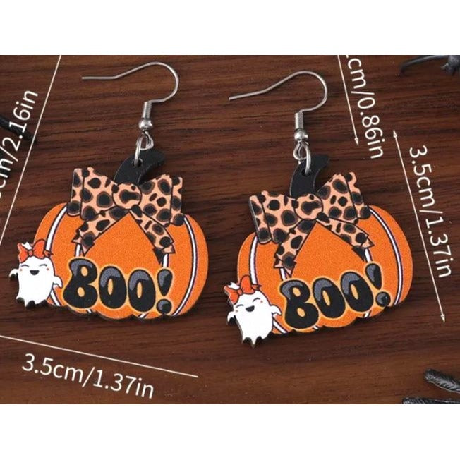 Halloween Pumpkin & Ghost Earrings With Leopard Bow NEW
