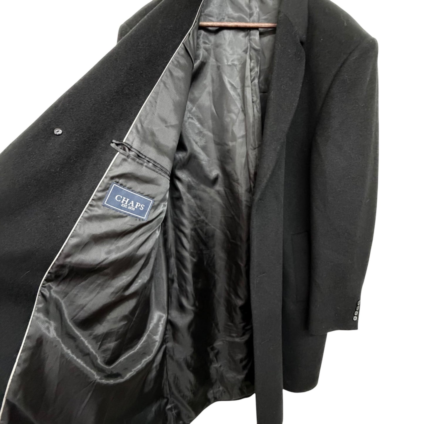 Chaps Black Wool-Blend Overcoat Men's SZ L Long Sleeve Button Front Lined Classic Fit