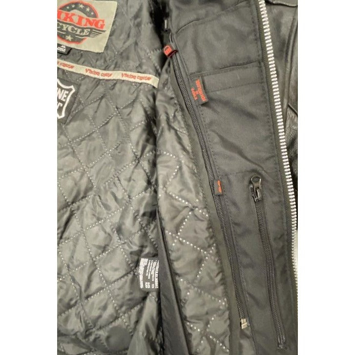Viking Cycle Black Leather Motorcycle Jacket XL Reflective Stripes Genuine Leather